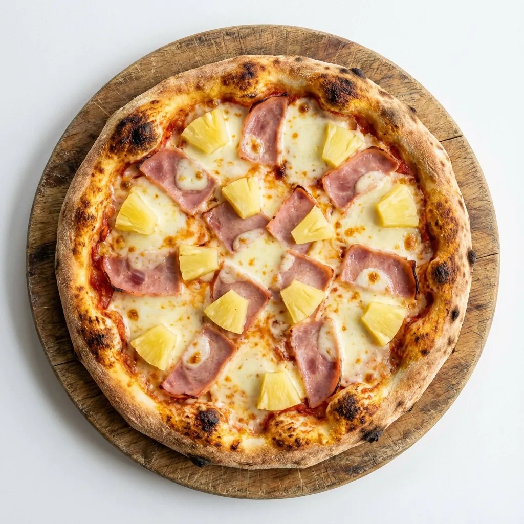 A Hawaiian pizza from above: blistered crust, ham and pineapple on melted mozzarella