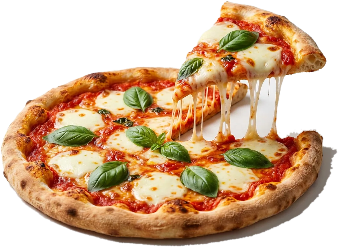 A Margherita with one slice lifted, mozzarella stretching, fresh basil on top