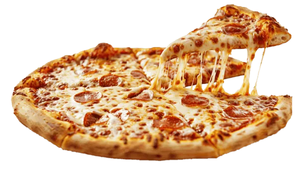 A pepperoni pizza with a slice pulled away, cheese stretching