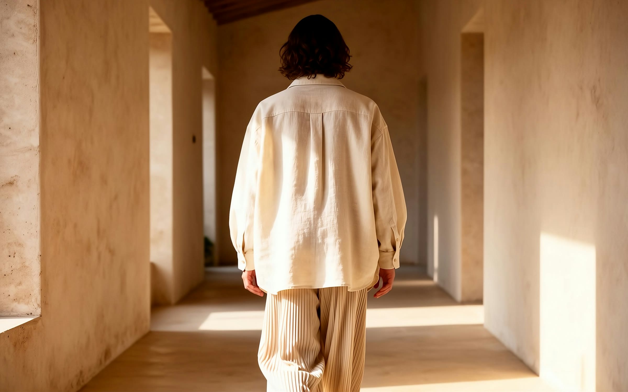 Figure in a natural linen shirt and trousers walking down a sunlit corridor